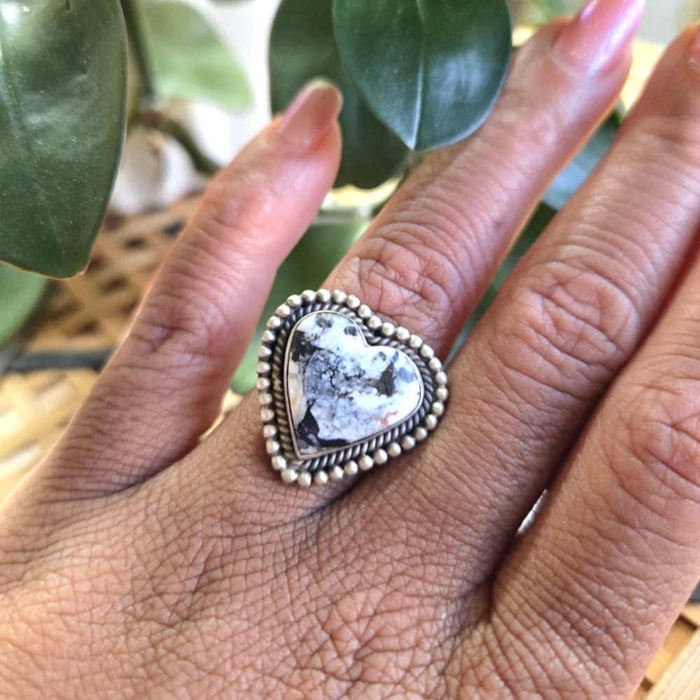Sterling Silver White Buffalo Turquoise Heart Ring